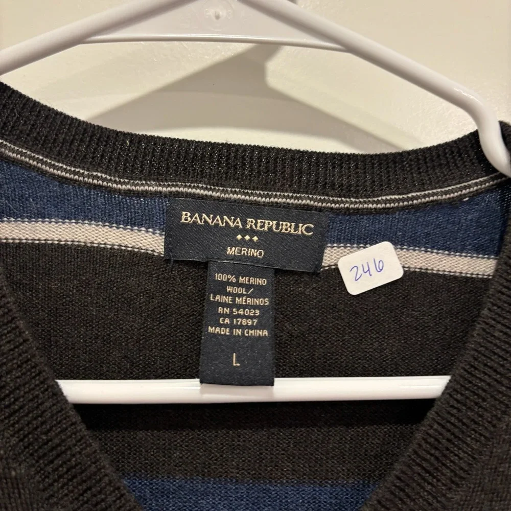 Banana Republic Mens Merino Wool V-Neck Striped Sweater‎ Navy Blue Black L